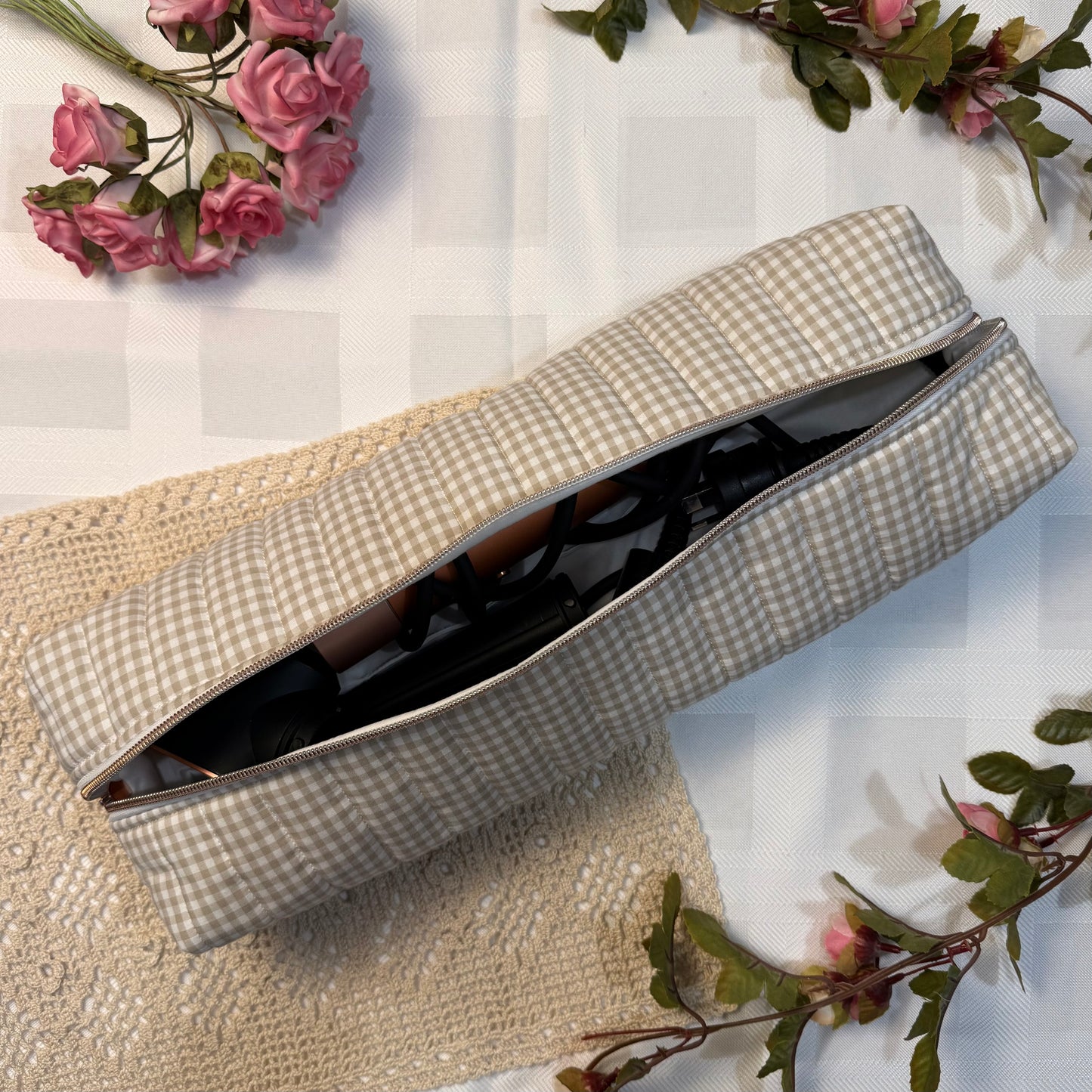 Hair Tools Pouch - Beige Gingham